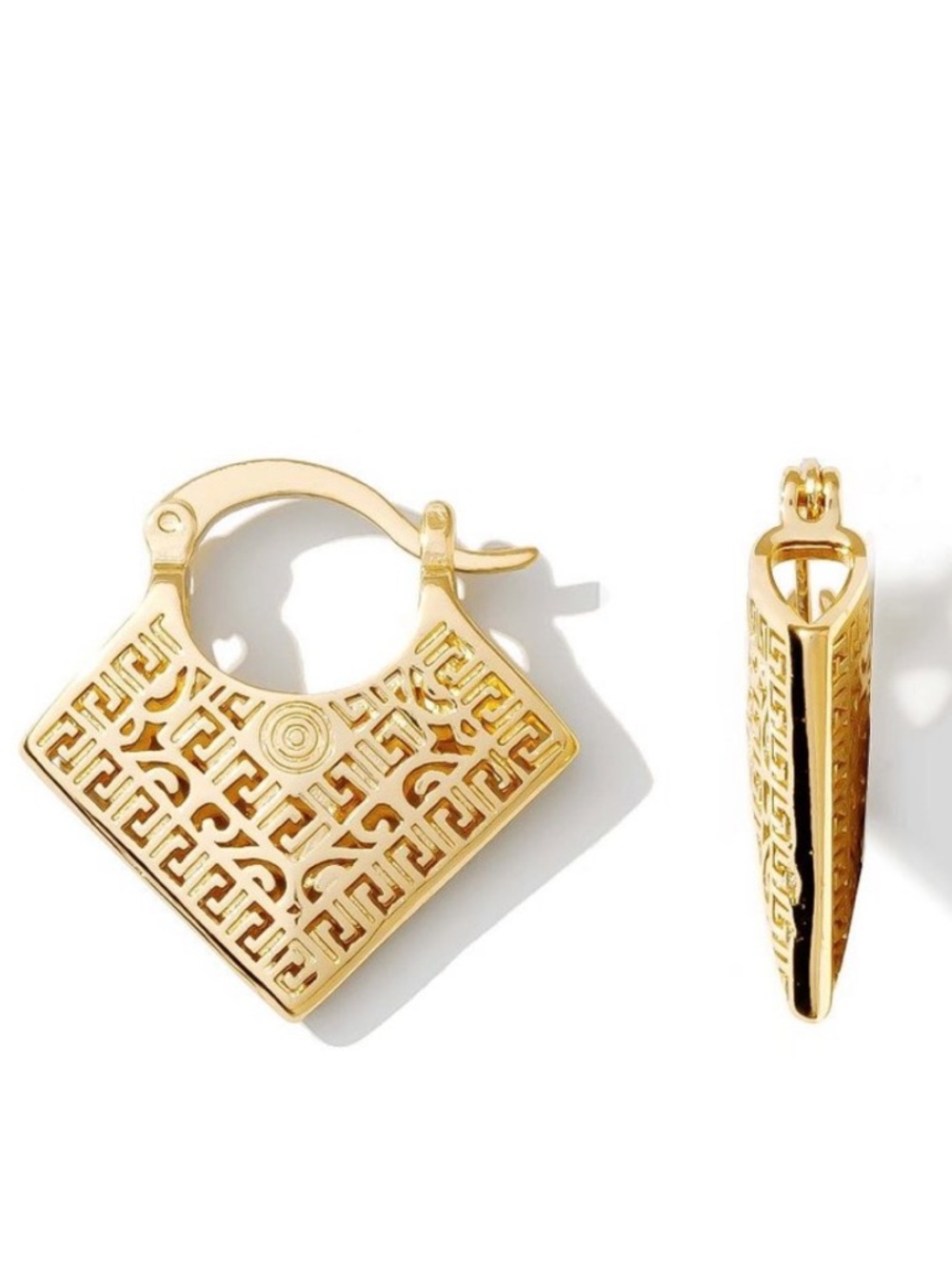 923. NWT PRETTY BIRD JEWELRY Tarnish-Proof Gold Greek Key Hoop Earrings
